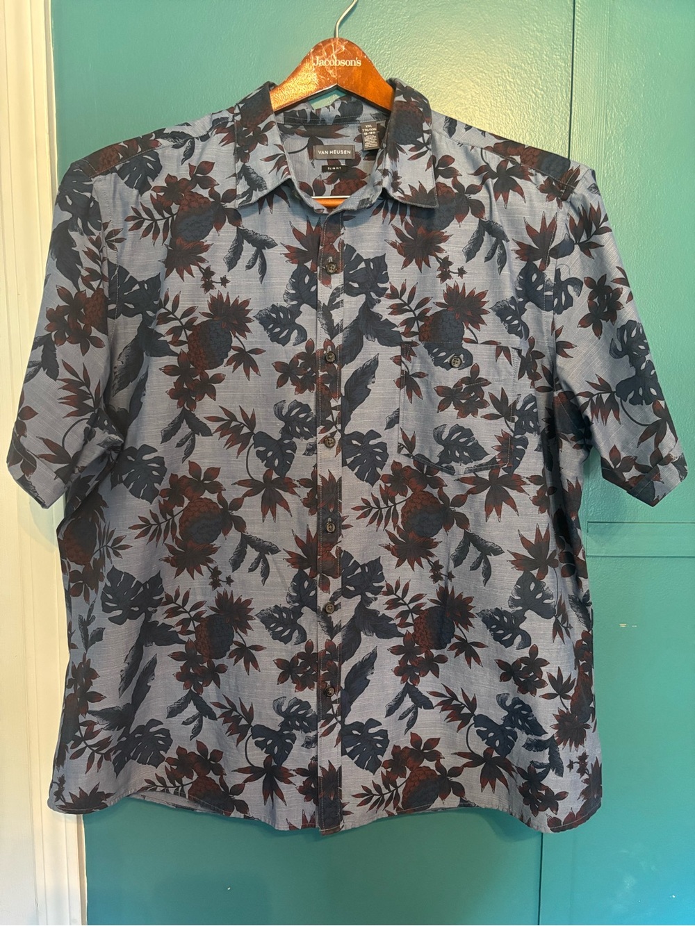 Van Heusen Blue Short-Sleeve Floral Button-Down Shirt W/Pocket Size XXL 18-18.5